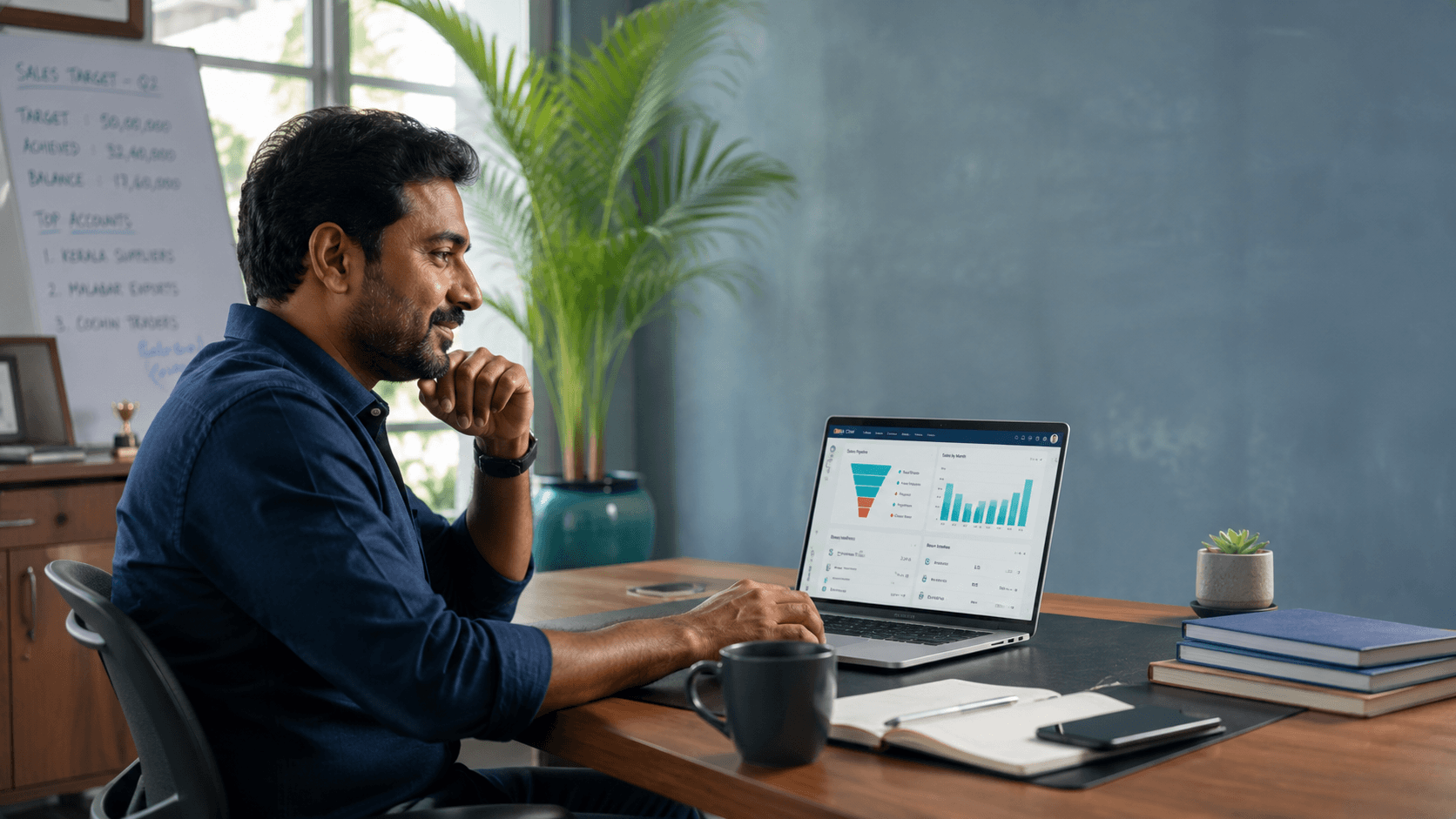 A Kerala business owner reviewing a CRM sales pipeline and dashboard on his laptop at his office desk